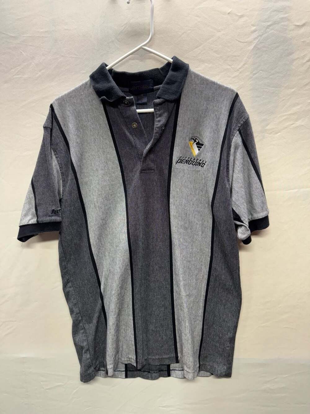 Antigua Pittsburgh Penguins Polo Size M Gray Black Striped Short Sleeve